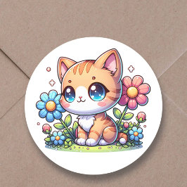 Pegatina Redonda Cute Chibi Naranja Kitty Cat en flores rosas