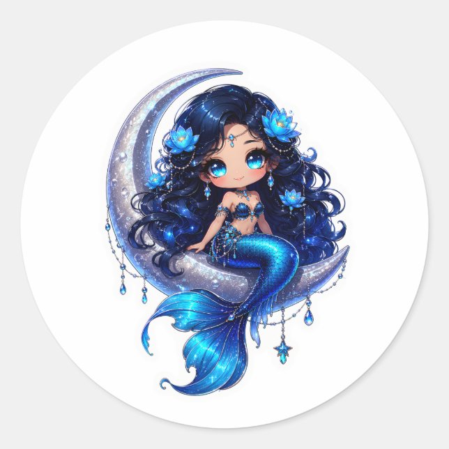 Pegatina Redonda Cute Chibi Sirena Celestial en Luna Creciente  (Anverso)
