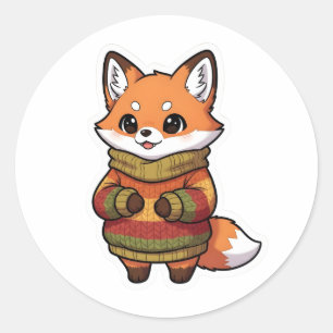 Pegatina Redonda Cute Chibi Zorro en Jersey de Otoño Acogedor Stick
