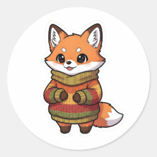 Pegatina Redonda Cute Chibi Zorro en Jersey de Otoño Acogedor Stick