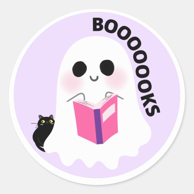 Pegatina Redonda Cute chica espeluznante gato negro fantasma libros (Anverso)