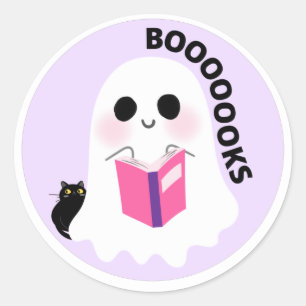 Pegatina Redonda Cute chica espeluznante gato negro fantasma libros