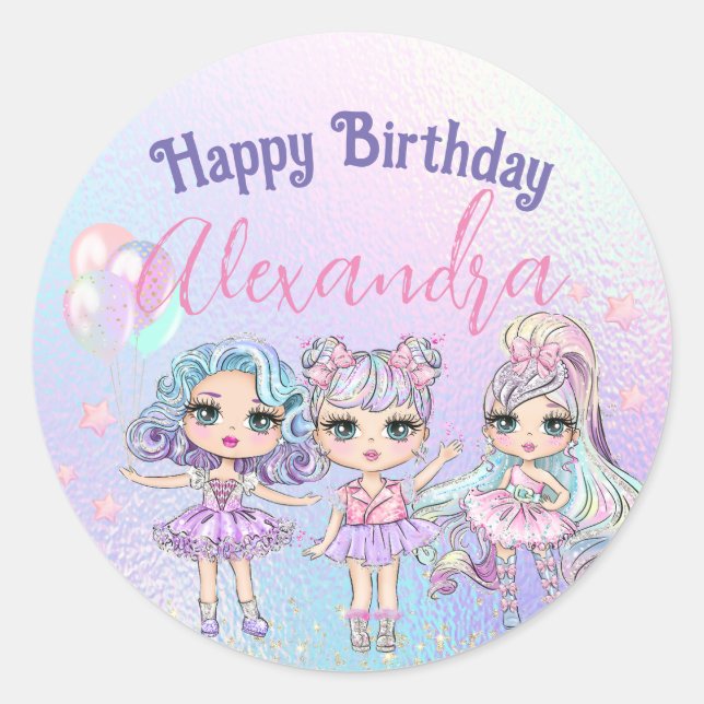 Pegatina Redonda Cute Chica Purpurina Dolls Holographic Birthday Pa (Anverso)