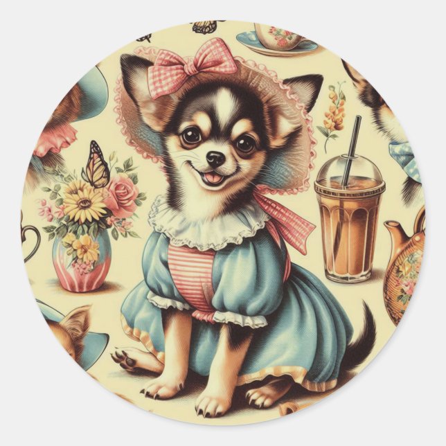 Pegatina Redonda Cute Chihuahua Puppy Pintura (Anverso)