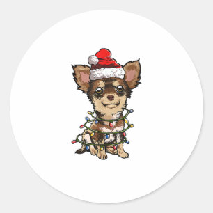 Pegatina Redonda Cute Chihuahua Santa Christmas Tree enciende Navid