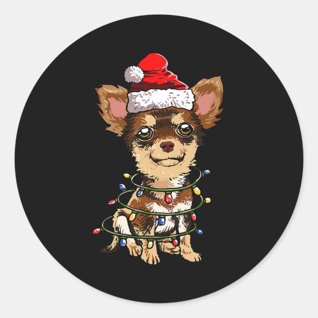 Pegatina Redonda Cute Chihuahua Santa Christmas Tree Lights Xmas Do (Anverso)