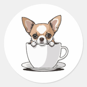 Pegatina Redonda Cute chihuahua sentado en la taza de café