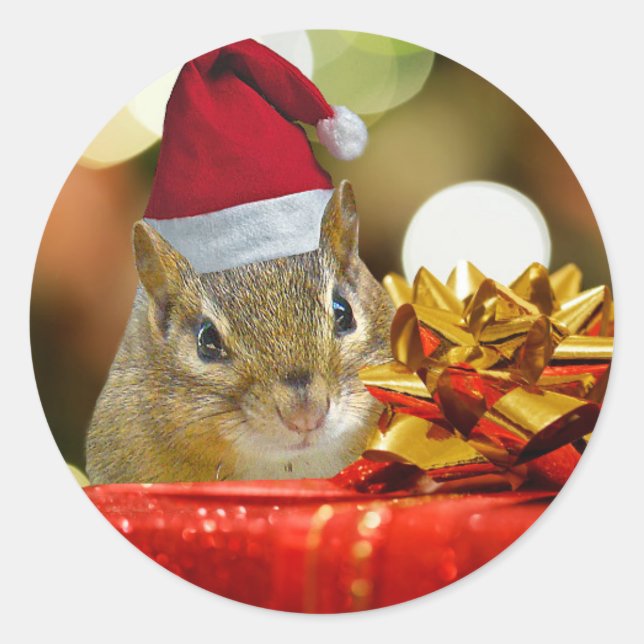 Pegatina Redonda Cute Chipmunk Merry Christmas (Anverso)