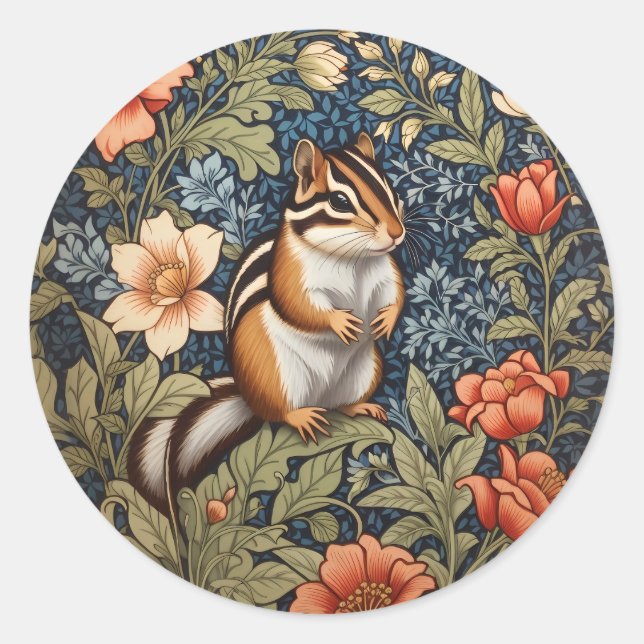 Pegatina Redonda Cute Chipmunk William Morris Inspiró Floral (Anverso)