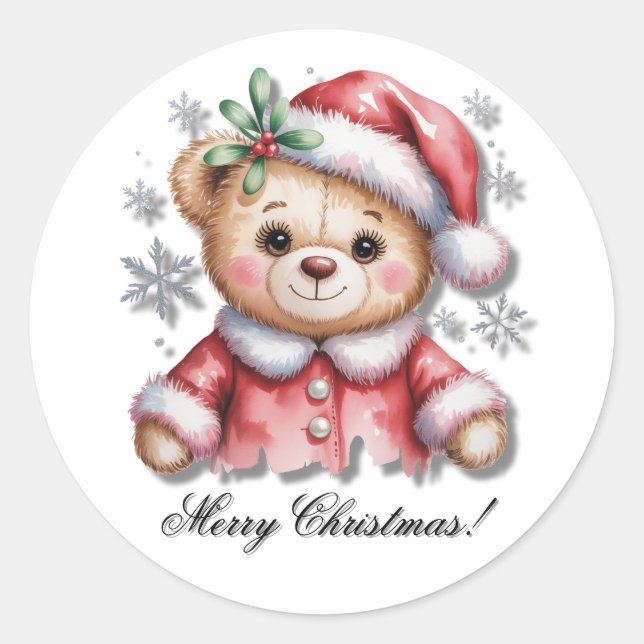 Pegatina Redonda Cute Christmas Bear and Snowflakes (Anverso)