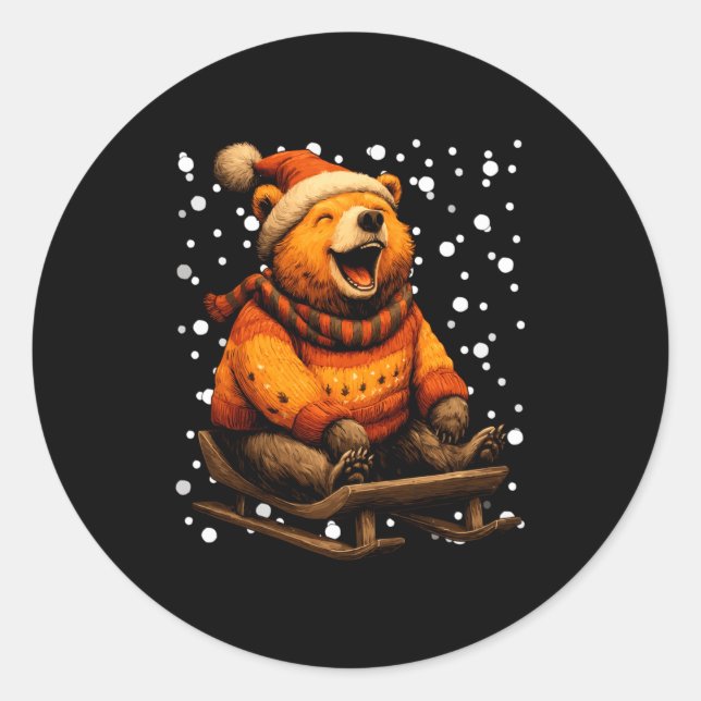 Pegatina Redonda Cute Christmas Bear Sledding In Snow Funny Winter  (Anverso)