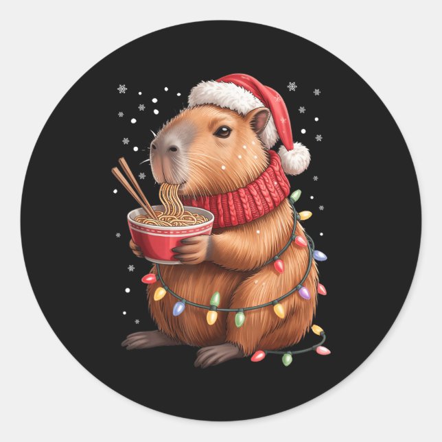 Pegatina Redonda Cute Christmas Capybara With Ramen Bowl Holiday Te (Anverso)