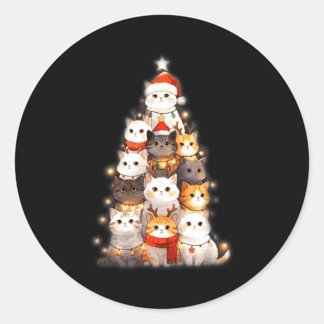 Pegatina Redonda Cute Christmas Cats Tree Lights Holiday Kittens Il (Anverso)