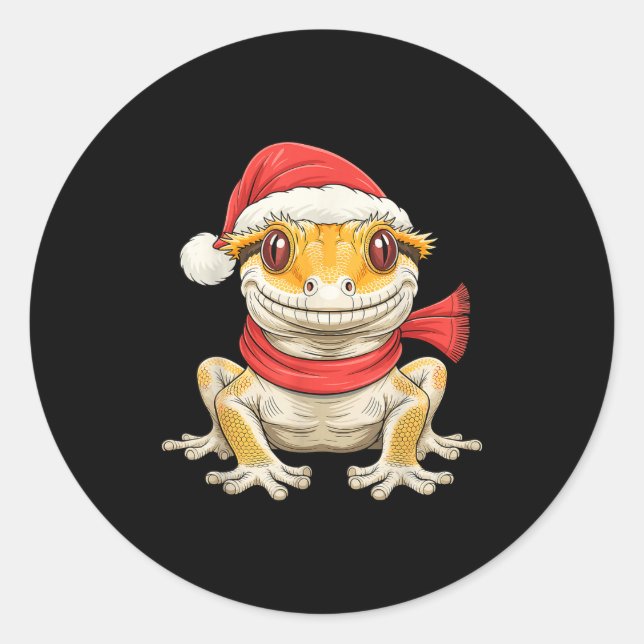 Pegatina Redonda Cute Christmas Crested Gecko Santa  (Anverso)