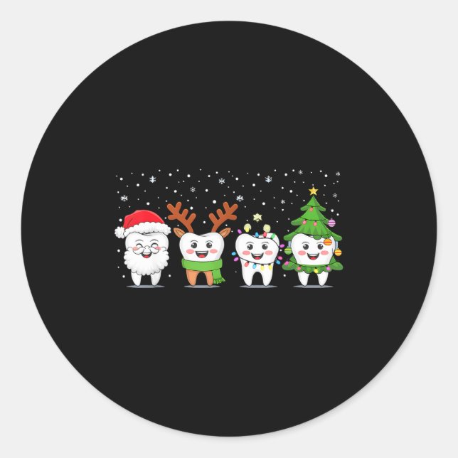 Pegatina Redonda Cute Christmas Dental Tooth Characters Fun Holiday (Anverso)