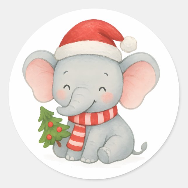 Pegatina Redonda Cute Christmas Elephant with Santa Hat (Anverso)
