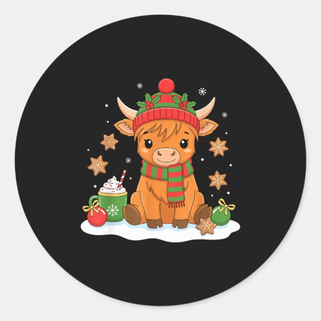 Pegatina Redonda Cute Christmas Highland Cow Lover Xmas Women Farm  (Anverso)