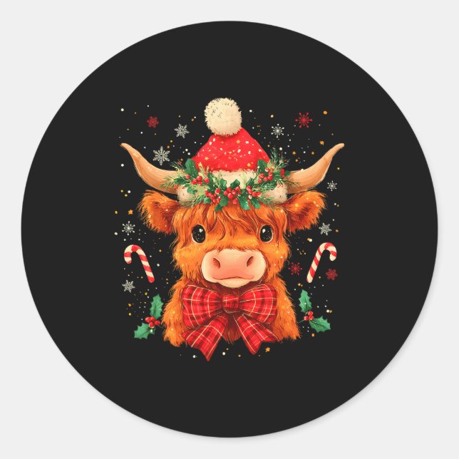Pegatina Redonda Cute Christmas Highland Cow Mooey Xmas Heifer Sant (Anverso)
