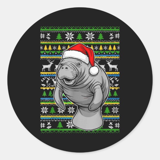 Pegatina Redonda Cute Christmas Manatee Shirt, Manatee Ugly Xmas Sw (Anverso)