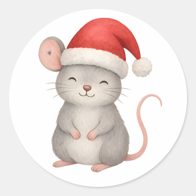 Pegatina Redonda Cute Christmas Mouse in Santa Hat (Anverso)