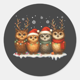 Pegatina Redonda Cute Christmas Owls with Santa Hats & Reindeer