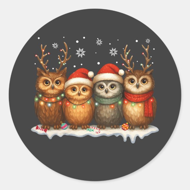 Pegatina Redonda Cute Christmas Owls with Santa Hats & Reindeer  (Anverso)