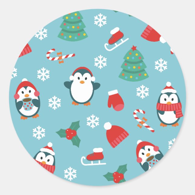 Pegatina Redonda Cute Christmas Penguins Pattern (Anverso)