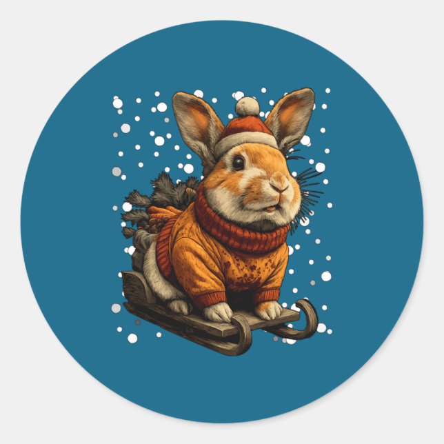 Pegatina Redonda Cute Christmas Rabbit Sledding In Snow Funny Winte (Anverso)