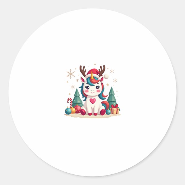 Pegatina Redonda Cute Christmas Shirt Girls Women Xmas Unicorn Deer (Anverso)