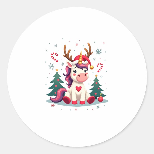 Pegatina Redonda Cute Christmas Shirt Girls Women Xmas Unicorn Deer (Anverso)
