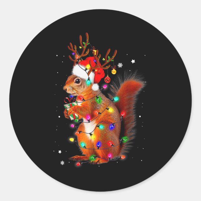 Pegatina Redonda Cute Christmas Squirrel Lights Reindeer Xmas Holid (Anverso)