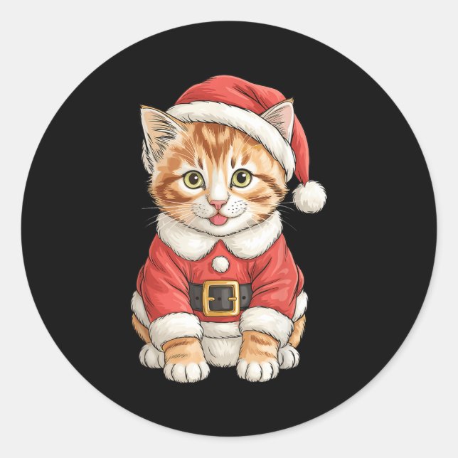 Pegatina Redonda Cute Christmas Tabby Cat Santa  (Anverso)