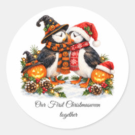 Pegatina Redonda Cute Christmasween Puffins Parejas Románticas Pers