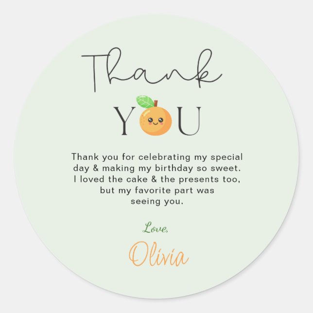 Pegatina Redonda Cute Citrus Orange 1st Birthday Thank You Gift (Anverso)