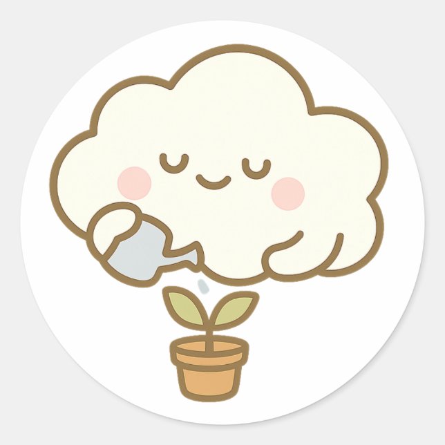 Pegatina Redonda Cute Cloud Watering a Plant – Transparent Sticker (Anverso)