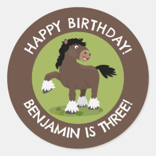 Pegatina Redonda Cute Clydesdale equino de cumpleaños personalizado