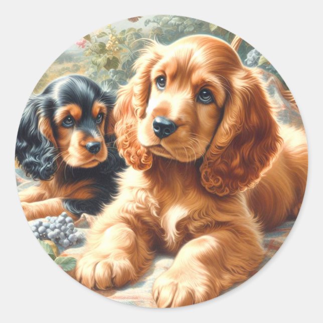 Pegatina Redonda Cute Cocker Spaniel Painting (Anverso)