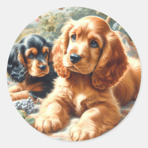 Pegatina Redonda Cute Cocker Spaniel Painting