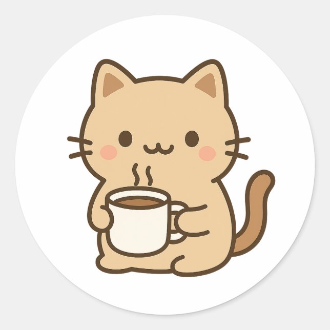 Pegatina Redonda Cute Coffee Cat Kawaii Cozy Aesthetic Design (Anverso)