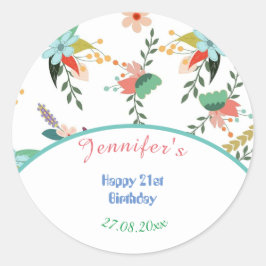 Pegatina Redonda Cute Colorful Floral Feliz cumpleaños 21