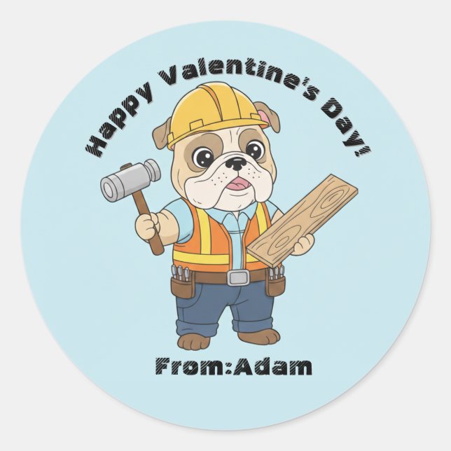 Pegatina Redonda Cute Construction Bulldog  Valentine  (Anverso)