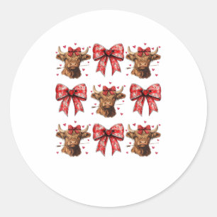 Pegatina Redonda Cute Coquette Bow Heart Highland Cow Western Valen