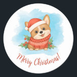 Pegatina Redonda Cute Corgi Merry Christmas<br><div class="desc">Un lindo ilustracion Corgi decora estos stickers de Navidad.</div>