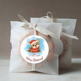Pegatina Redonda Cute Corgi Merry Christmas