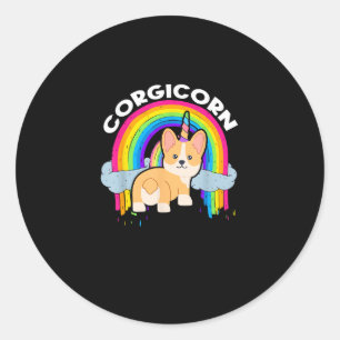 Pegatina Redonda Cute Corgicorn _ Unicorn Arcoíris _ Dueño de Corgi