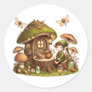 Pegatina Redonda “Cute Cottagecore Casa de Hongos y Duende del Bosq