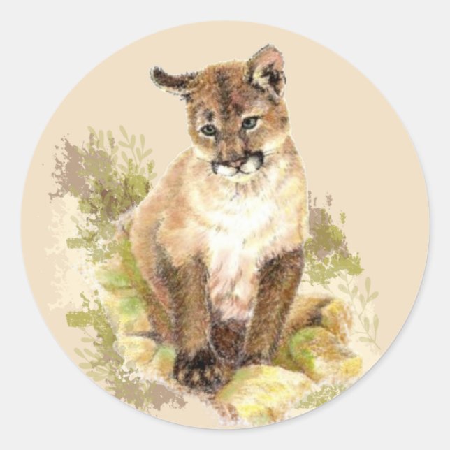 Pegatina Redonda Cute Cougar Mountain Lion Cat Kitten Watercolor (Anverso)