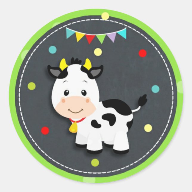 Pegatina Redonda Cute Cow Farm Barnyard Animal Birday Baby Shower (Anverso)