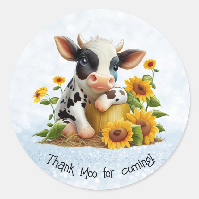 Pegatina Redonda Cute Cow Gracias Moo Sunflower Garden Personalizad (Anverso)