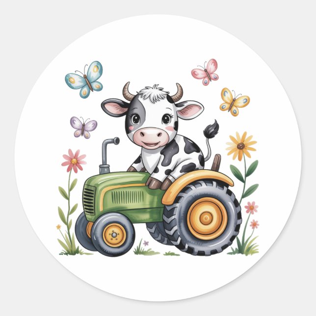 Pegatina Redonda Cute Cow on Tractor Boy Birthday Party (Anverso)